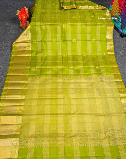 Pure Kanjivaram Silk Saree - Olive Green Colour Body Horizontal Zari Stripes With Evening Morning Border