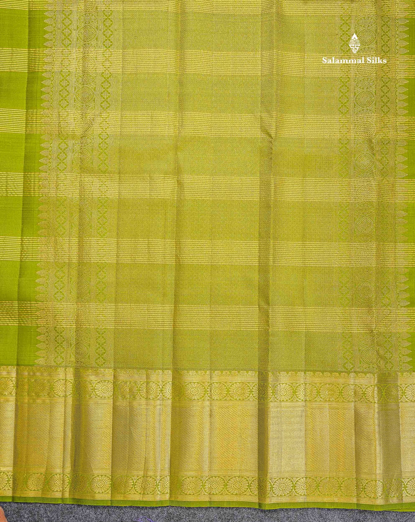 Pure Kanjivaram Silk Saree - Olive Green Colour Body Horizontal Zari Stripes With Evening Morning Border