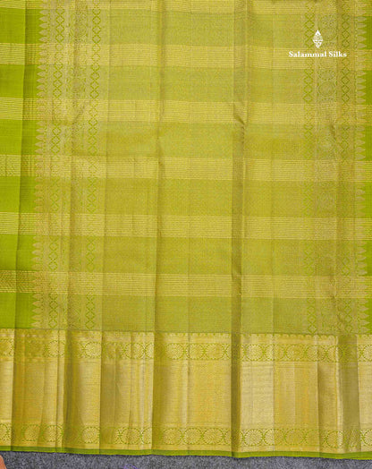 Pure Kanjivaram Silk Saree - Olive Green Colour Body Horizontal Zari Stripes With Evening Morning Border