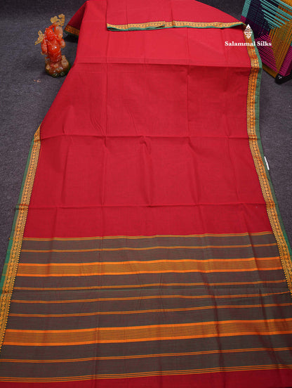 Beautiful Redish Maroon Plain Pure Cotton Saree With Contrast Dual Tone Bottle Green Thread Work Traditional Small Border