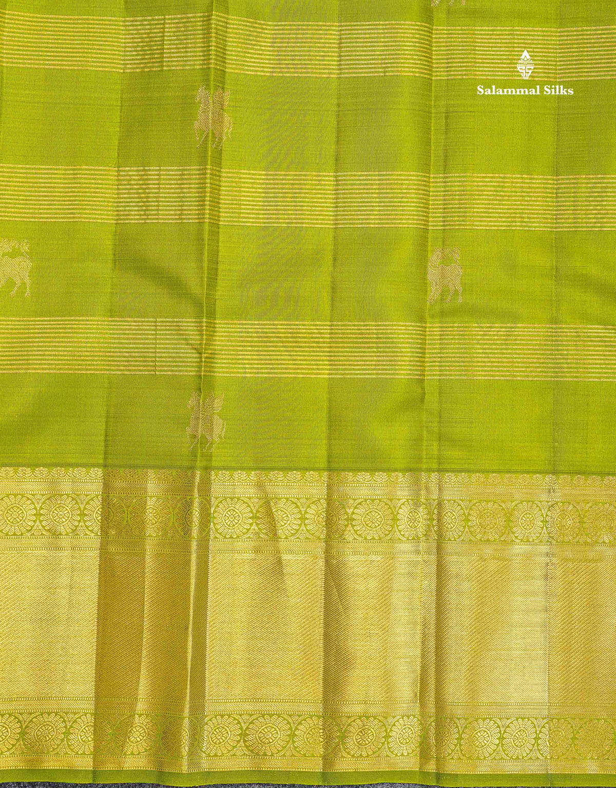 Pure Kanjivaram Silk Saree - Olive Green Colour Body Horizontal Zari Stripes With Evening Morning Border