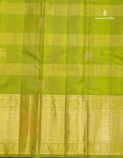 Pure Kanjivaram Silk Saree - Olive Green Colour Body Horizontal Zari Stripes With Evening Morning Border