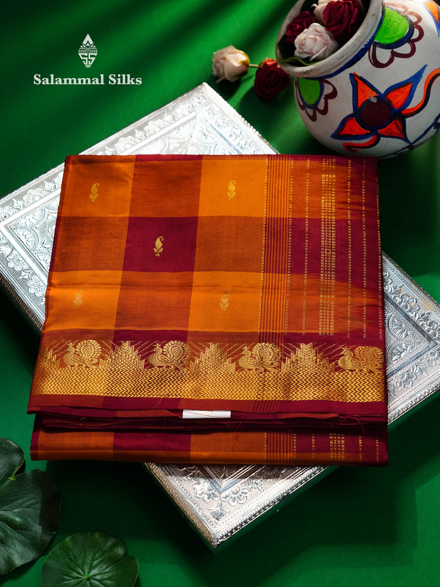 Beautiful Paalum Pazham Checks 10 Yards Semi Silk Cotton Saree With Traditional Border