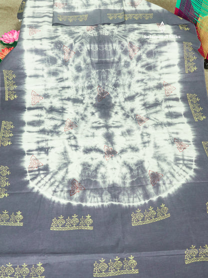 White Batik Print Sungudi Pure Cotton Saree With Contrast Grey Border