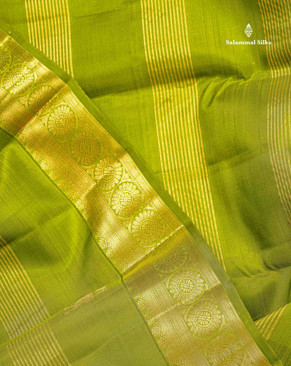 Pure Kanjivaram Silk Saree - Olive Green Colour Body Horizontal Zari Stripes With Evening Morning Border