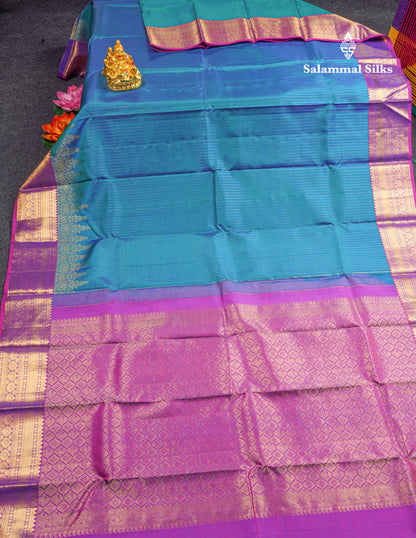Kanjivaram Beautiful Peacock Blue Gold Zari Lines Pure Silk Saree With Vadamalli Border