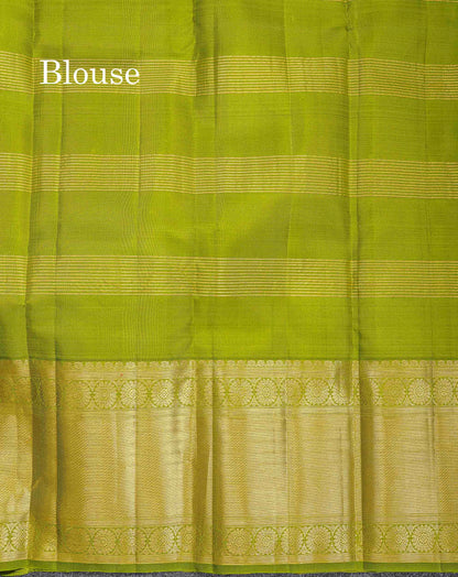 Pure Kanjivaram Silk Saree - Olive Green Colour Body Horizontal Zari Stripes With Evening Morning Border