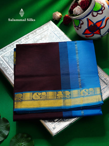 Beautiful Dark Brown Plain 10 Yards Semi Silk Cotton Saree With Contrast Blue Traditional Border