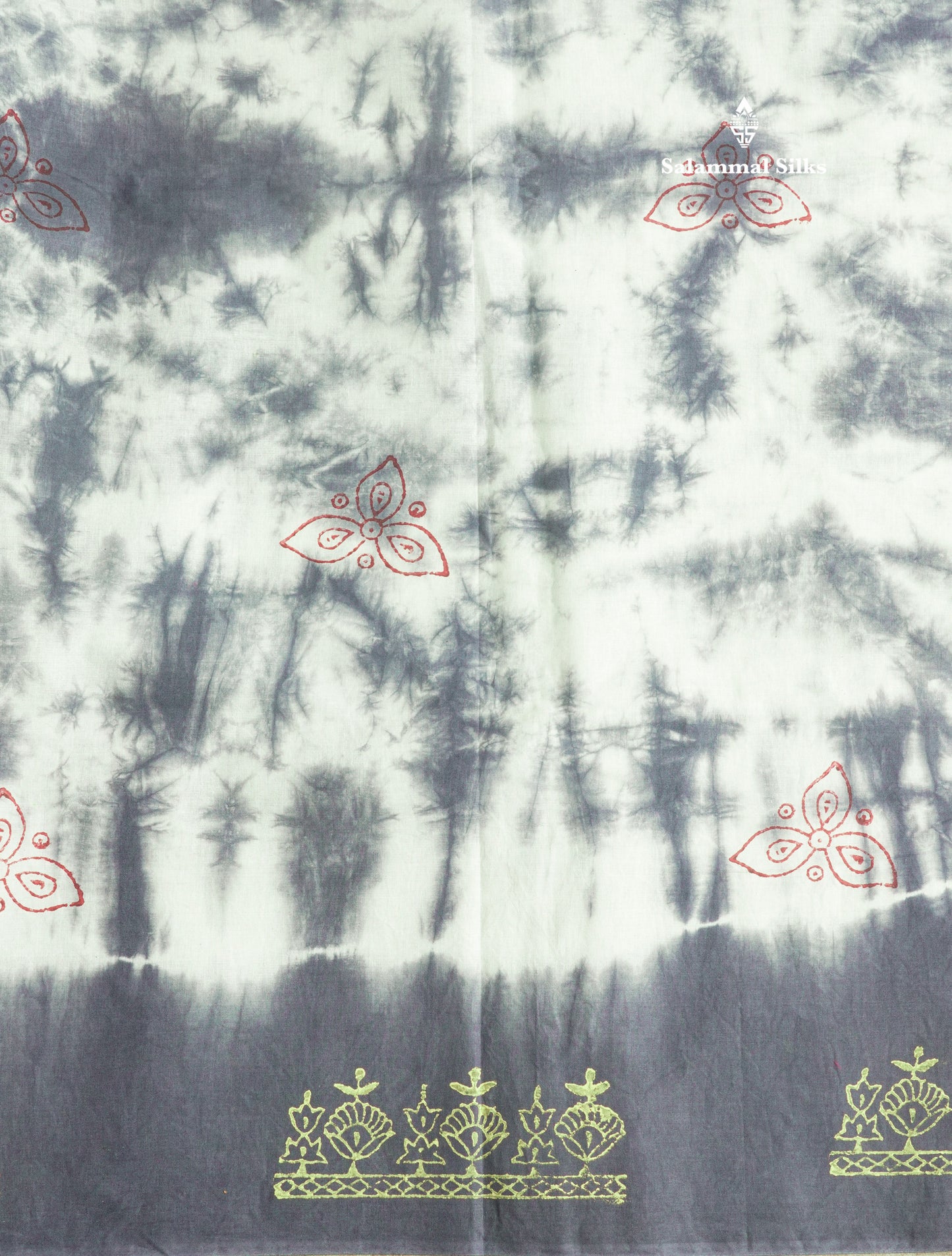 White Batik Print Sungudi Pure Cotton Saree With Contrast Grey Border