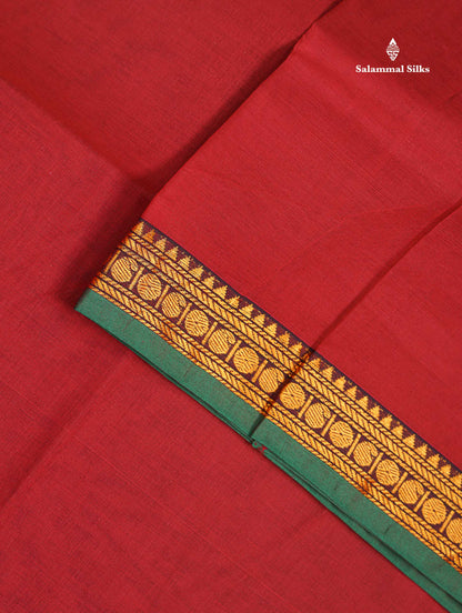 Beautiful Redish Maroon Plain Pure Cotton Saree With Contrast Dual Tone Bottle Green Thread Work Traditional Small Border