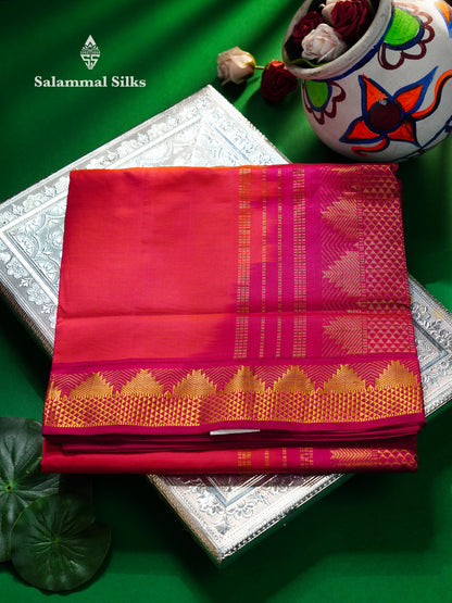 Beautiful Dual Tone Pinkish Peach Plain 10 Yards Semi Silk Cotton Saree With Traditional Border