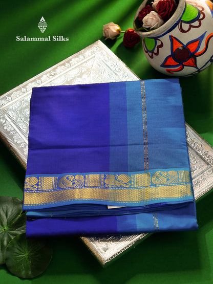 Beautiful Dark Brown Plain 10 Yards Semi Silk Cotton Saree With Contrast Blue Traditional Border