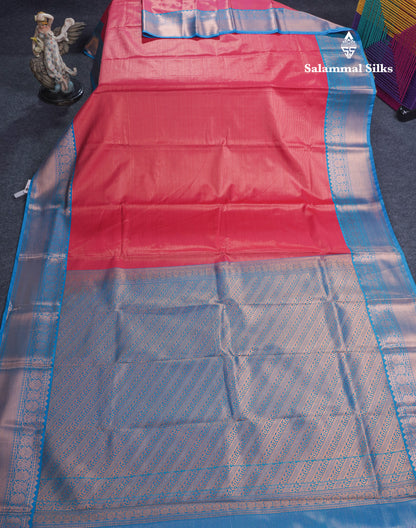 Dual Tone Reddish Pink Vairaoosi Lines Semi Silk Saree With Contrast Ramar Blue Border