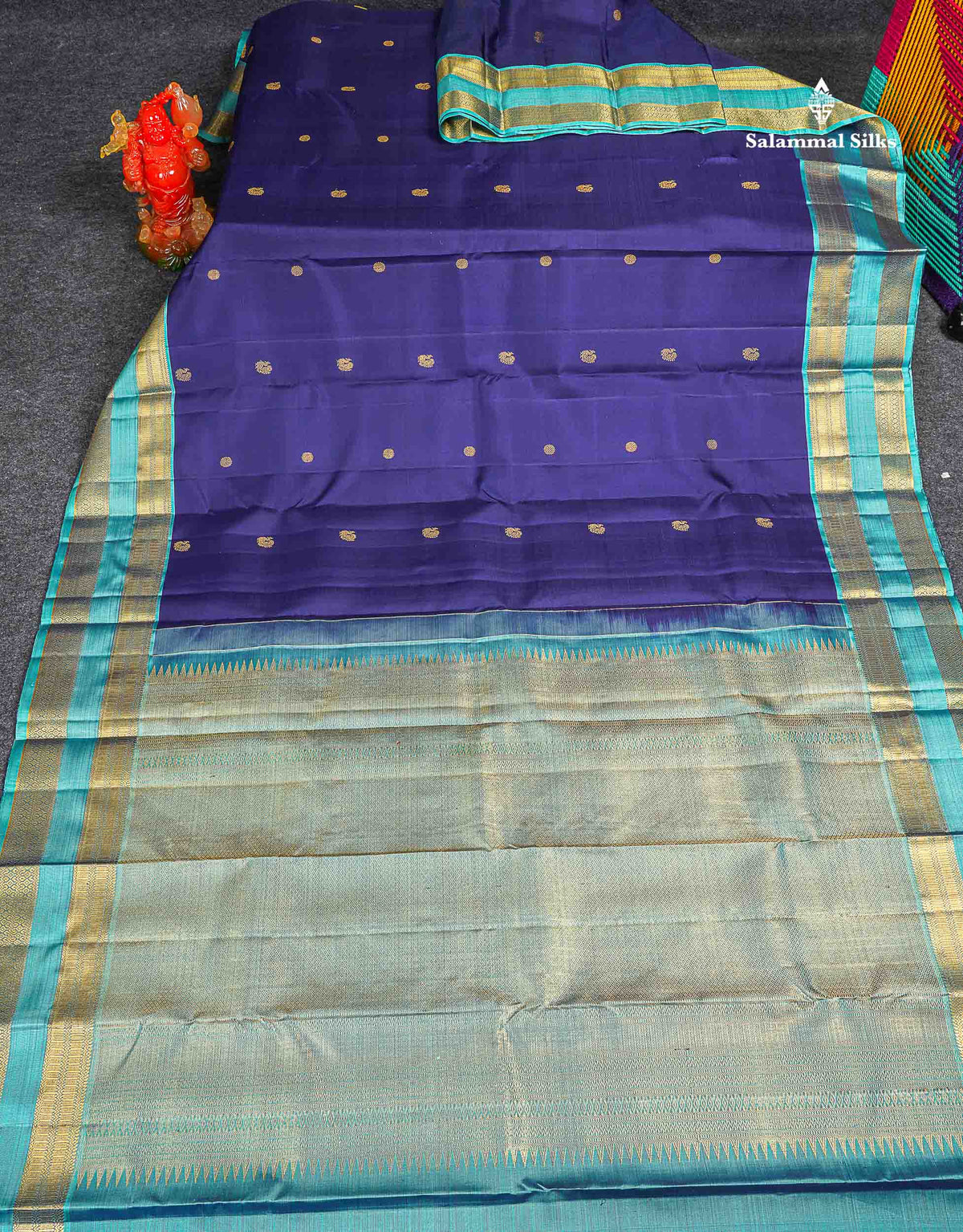 Pure Kanjivaram Silk Saree - Navy Blue Colour Body With Butta & Contrast Aqua Blue Gap Border