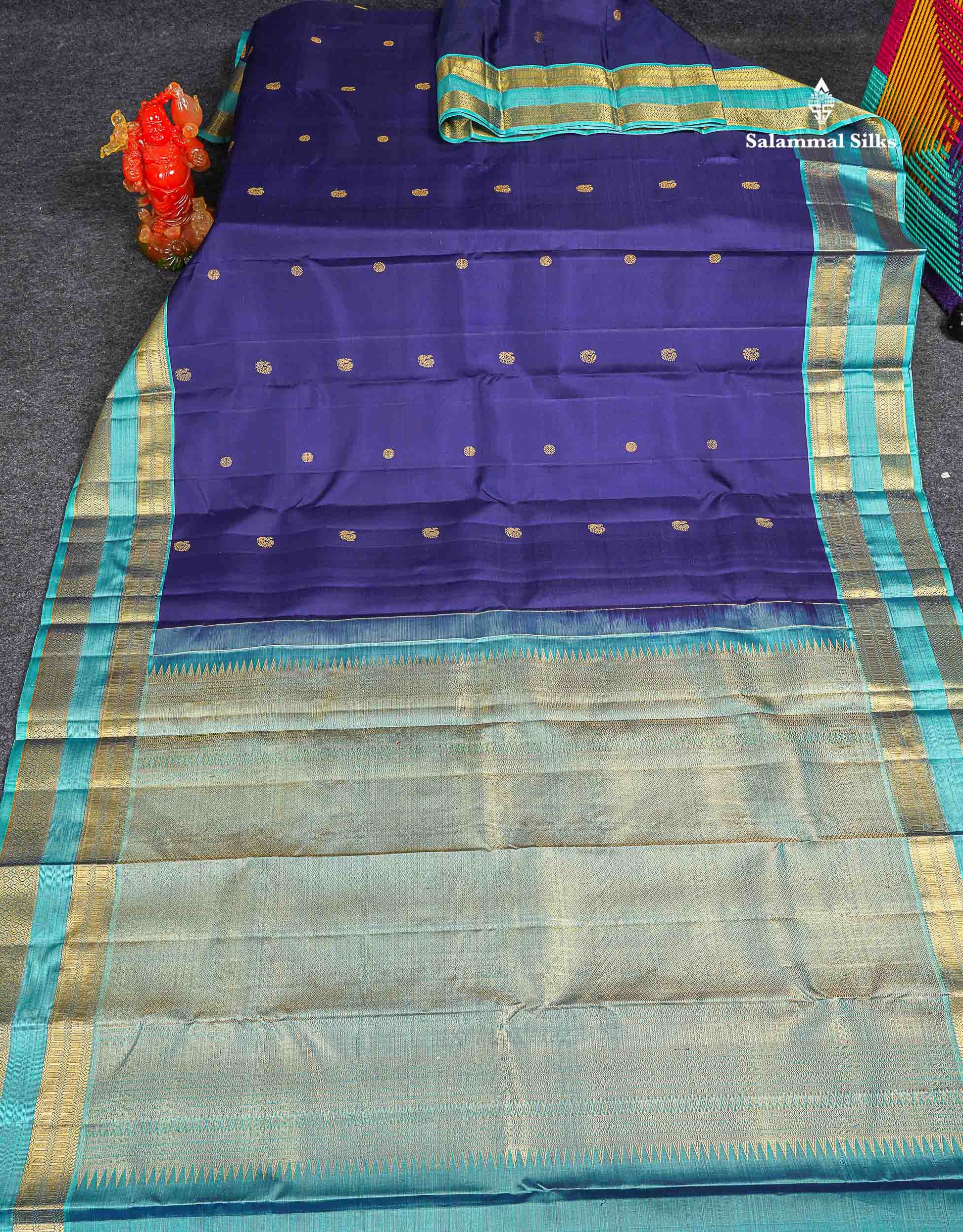 Pure Kanjivaram Silk Saree - Navy Blue Colour Body With Butta & Contrast Aqua Blue Gap Border