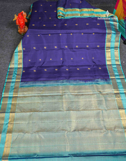 Pure Kanjivaram Silk Saree - Navy Blue Colour Body With Butta & Contrast Aqua Blue Gap Border