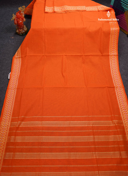 Beautiful Orange Plain Pure Cotton Saree With Traditional Border