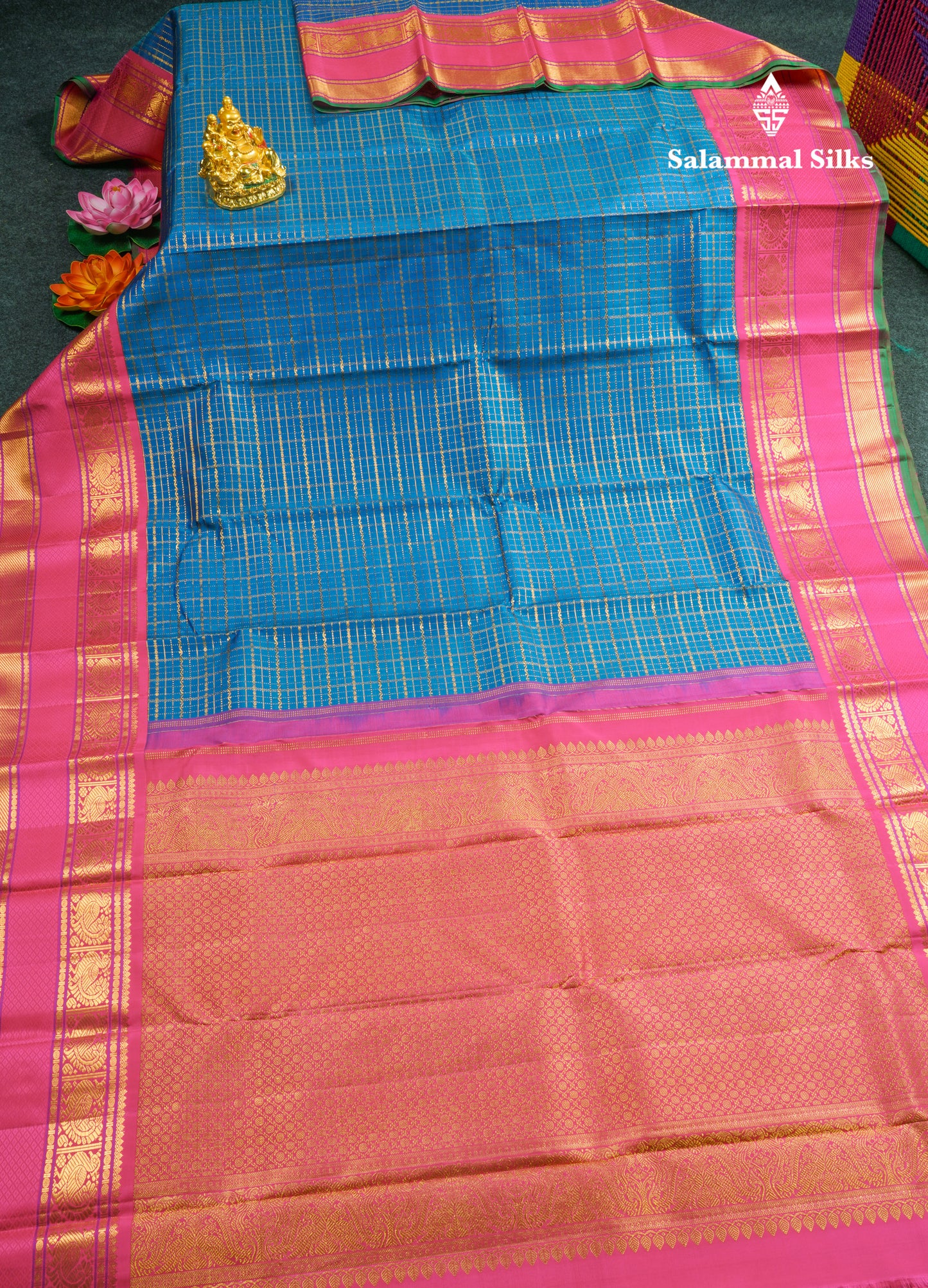 Kanjivaram Beautiful Anandha Blue Checks Pure Silk Saree With Korvai Magenta Rose  Border
