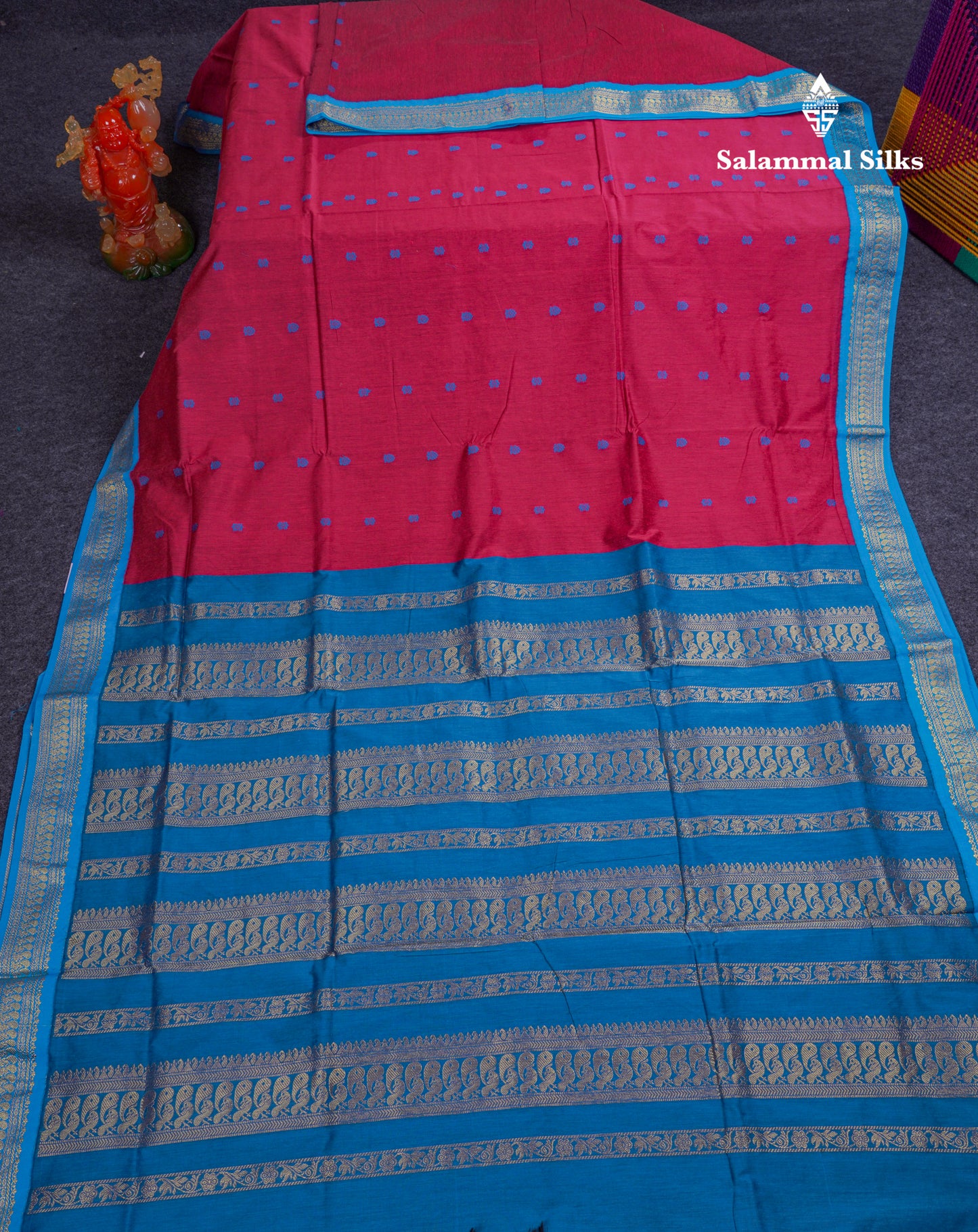 Beautiful Dual Tone Maroon Kalyani Cotton Saree With Contrast Blue Blouse