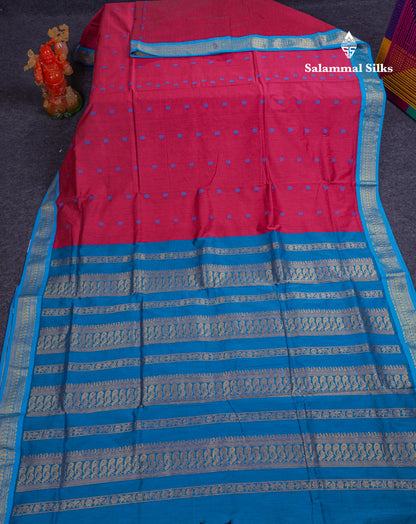 Beautiful Dual Tone Maroon Kalyani Cotton Saree With Contrast Blue Blouse