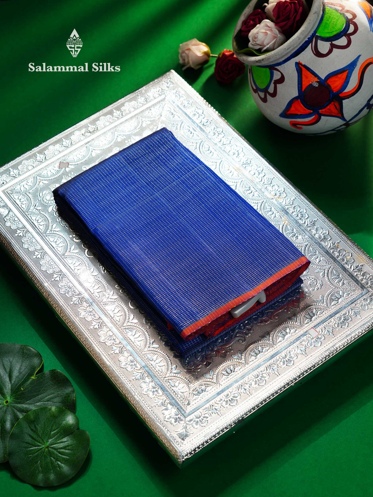 Beautiful Royal Blue Tiny Zari Checks Pure Kanjivaram Silk Saree With Contrast Orange Blouse