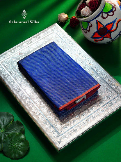Beautiful Royal Blue Tiny Zari Checks Pure Kanjivaram Silk Saree With Contrast Orange Blouse