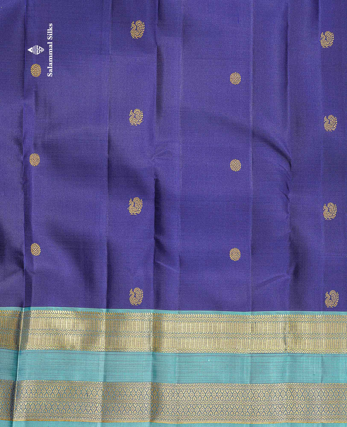 Pure Kanjivaram Silk Saree - Navy Blue Colour Body With Butta & Contrast Aqua Blue Gap Border