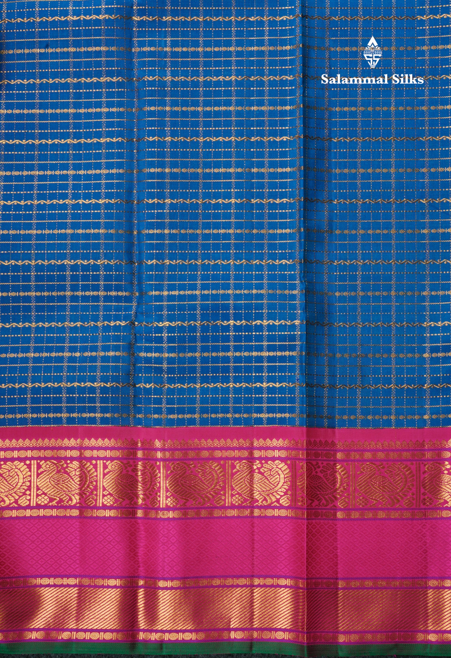 Kanjivaram Beautiful Anandha Blue Checks Pure Silk Saree With Korvai Magenta Rose  Border