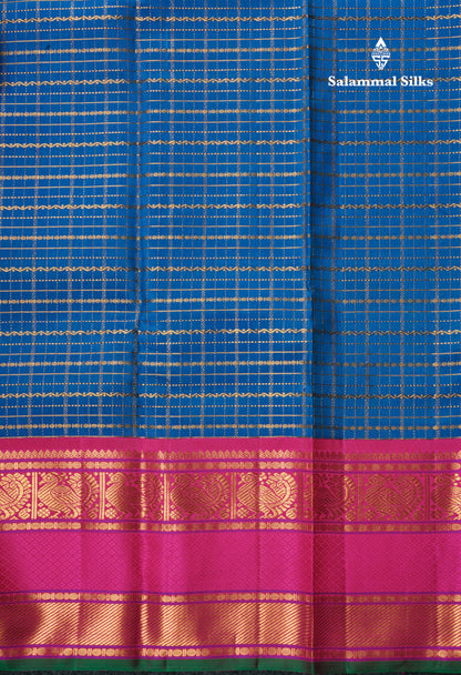 Kanjivaram Beautiful Anandha Blue Checks Pure Silk Saree With Korvai Magenta Rose  Border