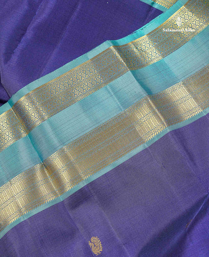 Pure Kanjivaram Silk Saree - Navy Blue Colour Body With Butta & Contrast Aqua Blue Gap Border