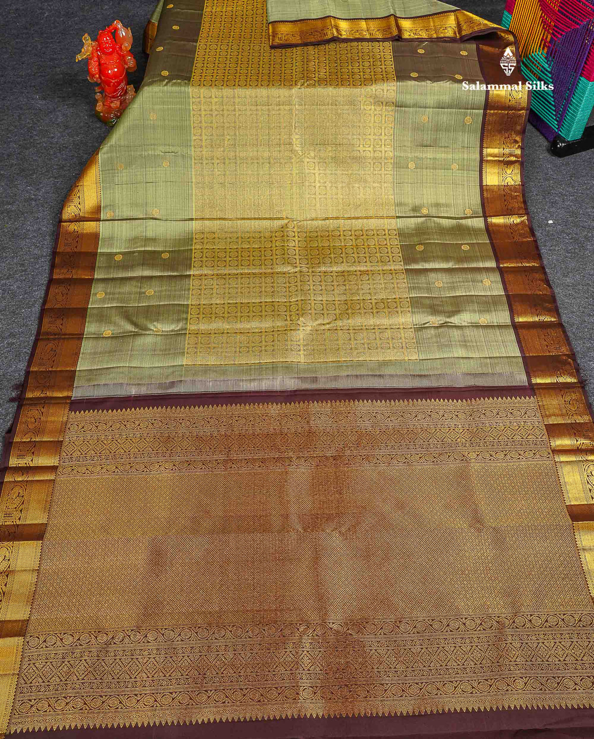Pure Kanjivaram Silk Saree - Olive Green Colour Body With Butta & Contrast Brown Traditional Border