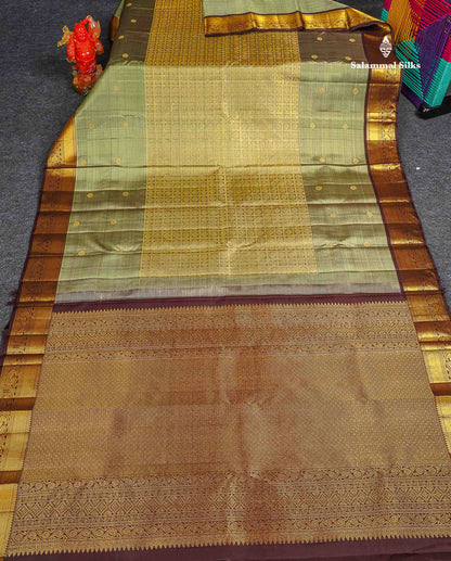 Pure Kanjivaram Silk Saree - Olive Green Colour Body With Butta & Contrast Brown Traditional Border