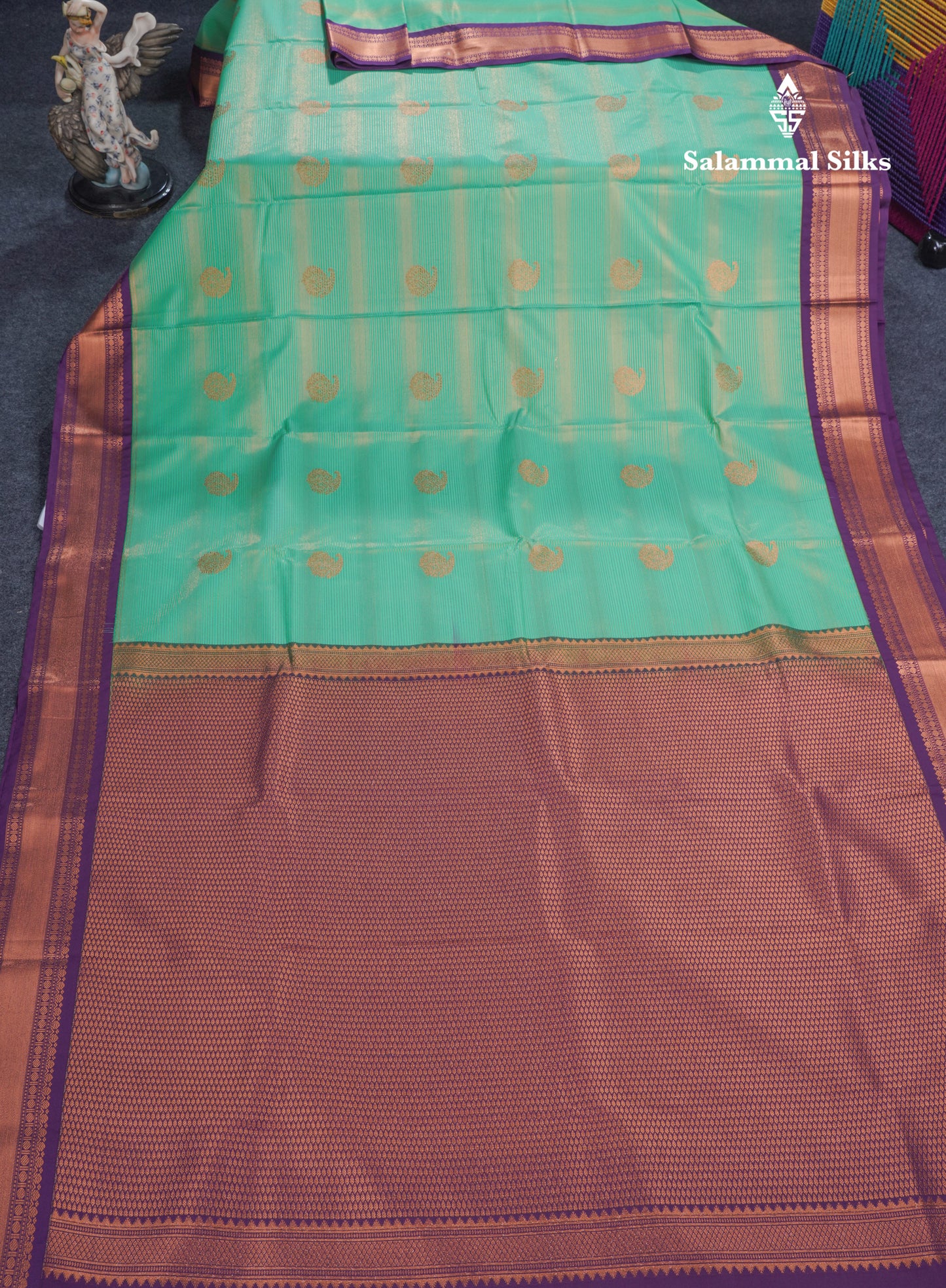 Saffire Green Alai Vairaoosi Lines With Butta Semi Silk Saree With Contrast Dark Purple Traditional Small Border
