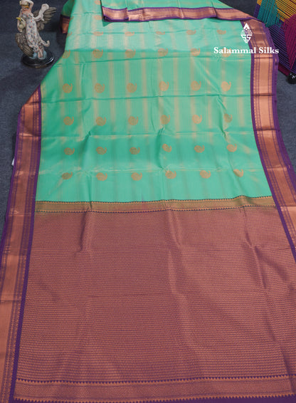 Saffire Green Alai Vairaoosi Lines With Butta Semi Silk Saree With Contrast Dark Purple Traditional Small Border