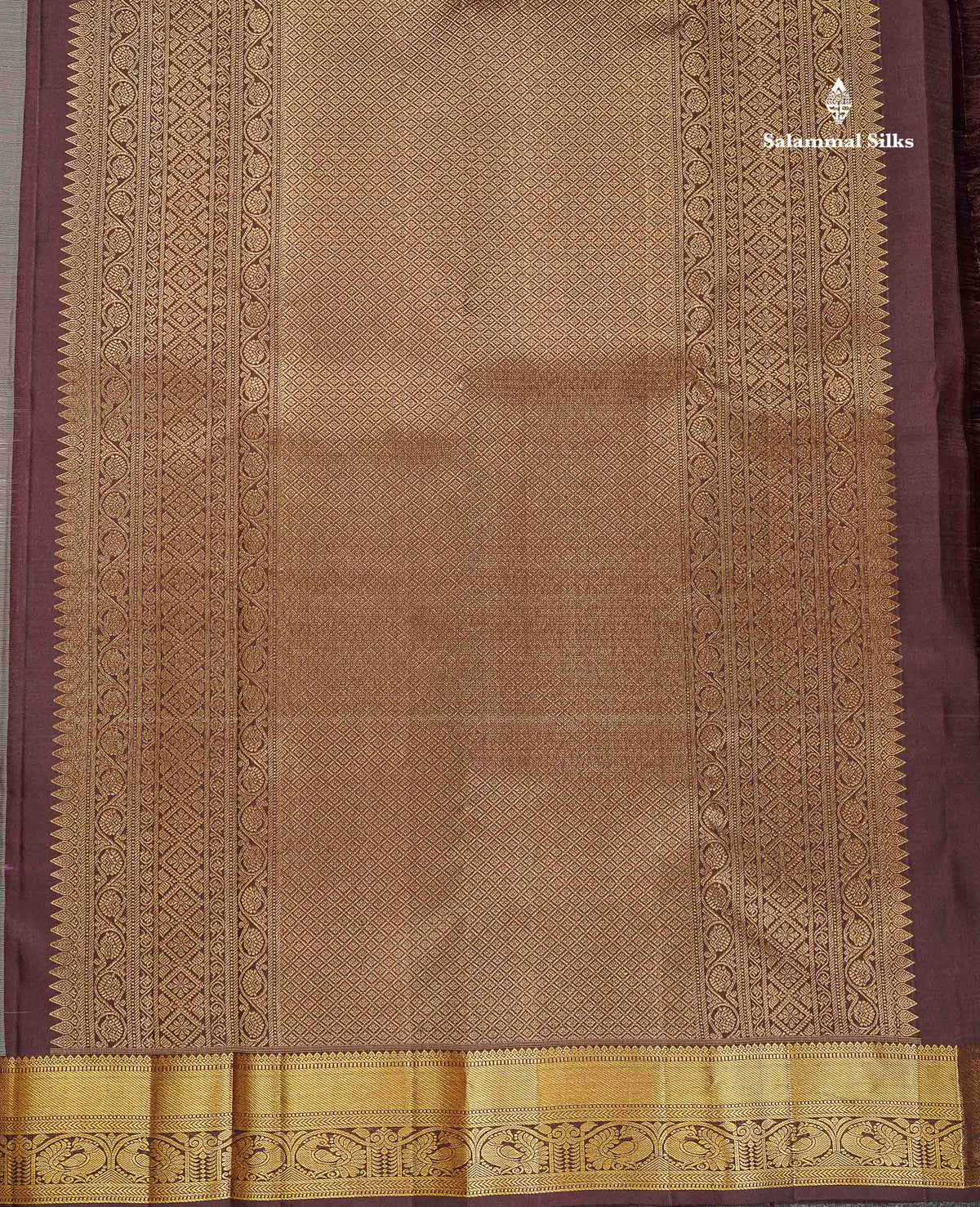 Pure Kanjivaram Silk Saree - Olive Green Colour Body With Butta & Contrast Brown Traditional Border