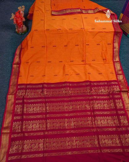 Beautiful Mango Yellow Kalyani Cotton Saree With Contrast Maroon Blouse
