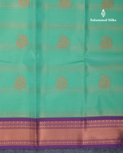 Saffire Green Alai Vairaoosi Lines With Butta Semi Silk Saree With Contrast Dark Purple Traditional Small Border