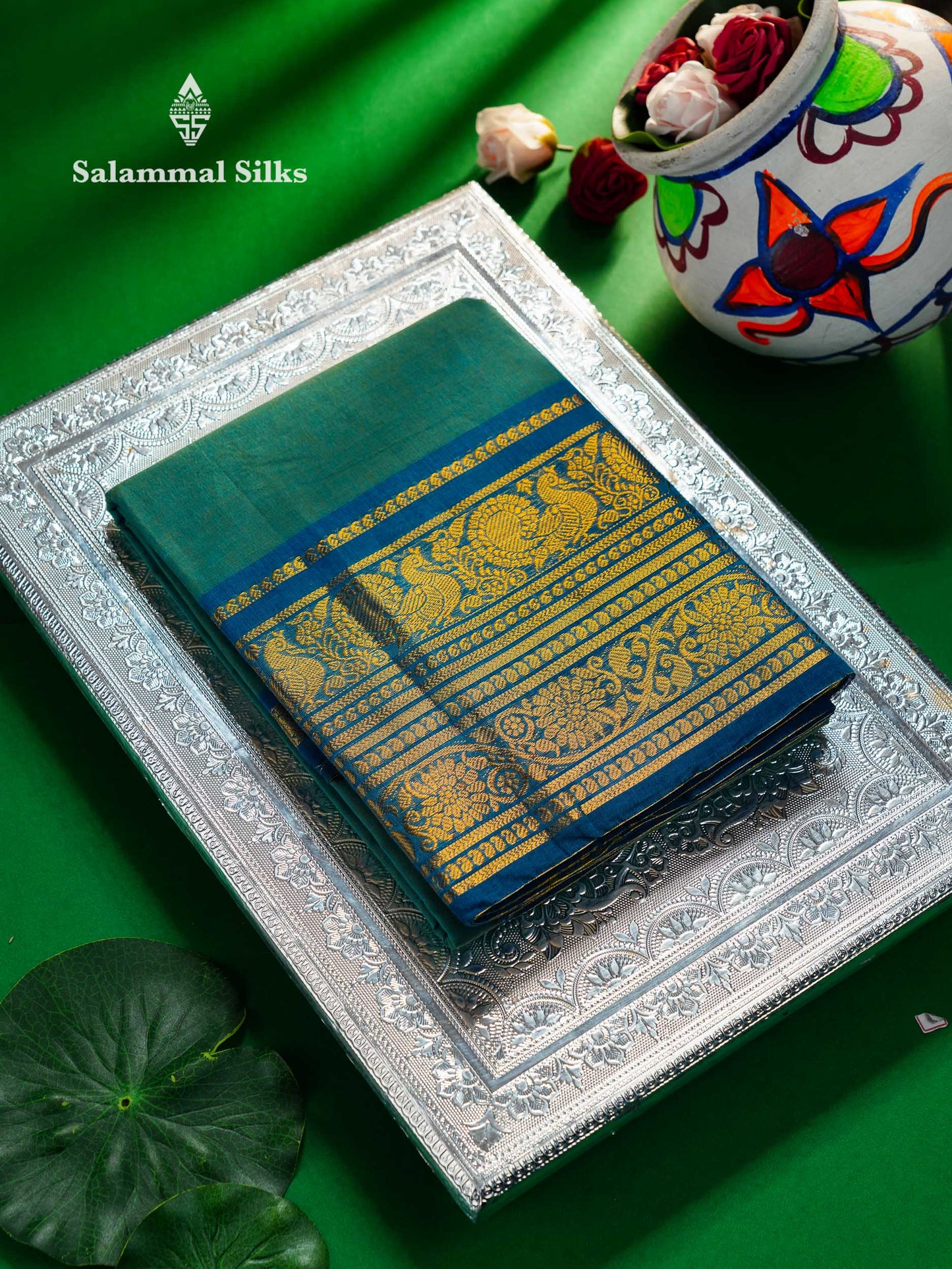 Beautiful Blue Shade Plain Pure Chettinad Cotton Saree With Contrast Peacock Blue Traditional Evening Morning Border