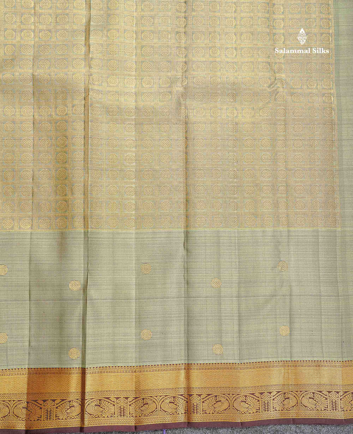 Pure Kanjivaram Silk Saree - Olive Green Colour Body With Butta & Contrast Brown Traditional Border