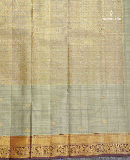 Pure Kanjivaram Silk Saree - Olive Green Colour Body With Butta & Contrast Brown Traditional Border