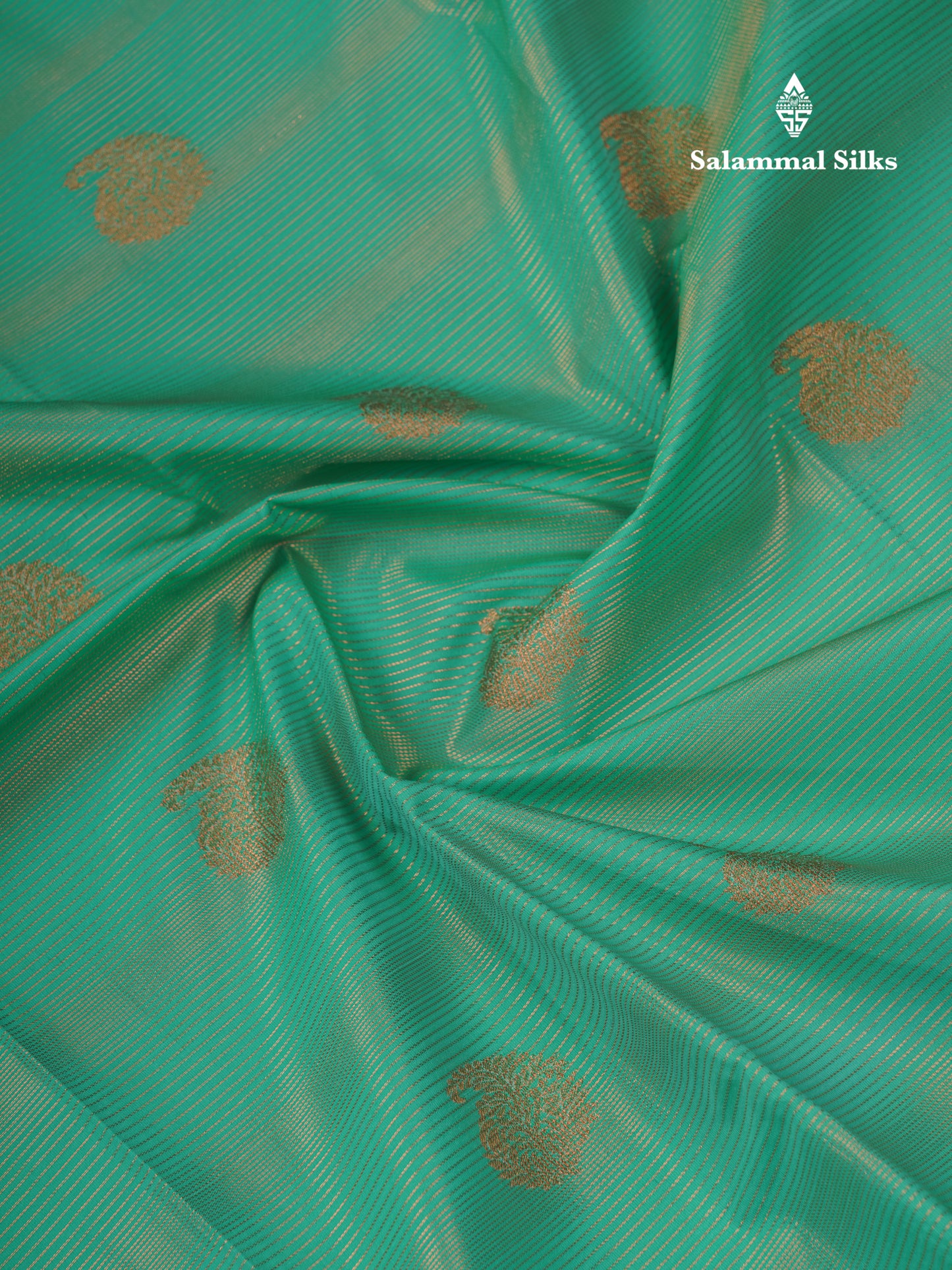 Saffire Green Alai Vairaoosi Lines With Butta Semi Silk Saree With Contrast Dark Purple Traditional Small Border