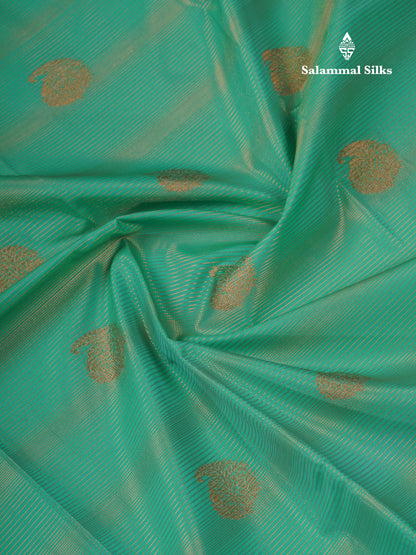 Saffire Green Alai Vairaoosi Lines With Butta Semi Silk Saree With Contrast Dark Purple Traditional Small Border