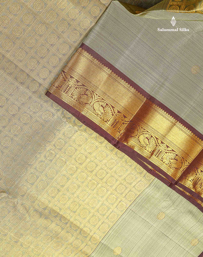 Pure Kanjivaram Silk Saree - Olive Green Colour Body With Butta & Contrast Brown Traditional Border