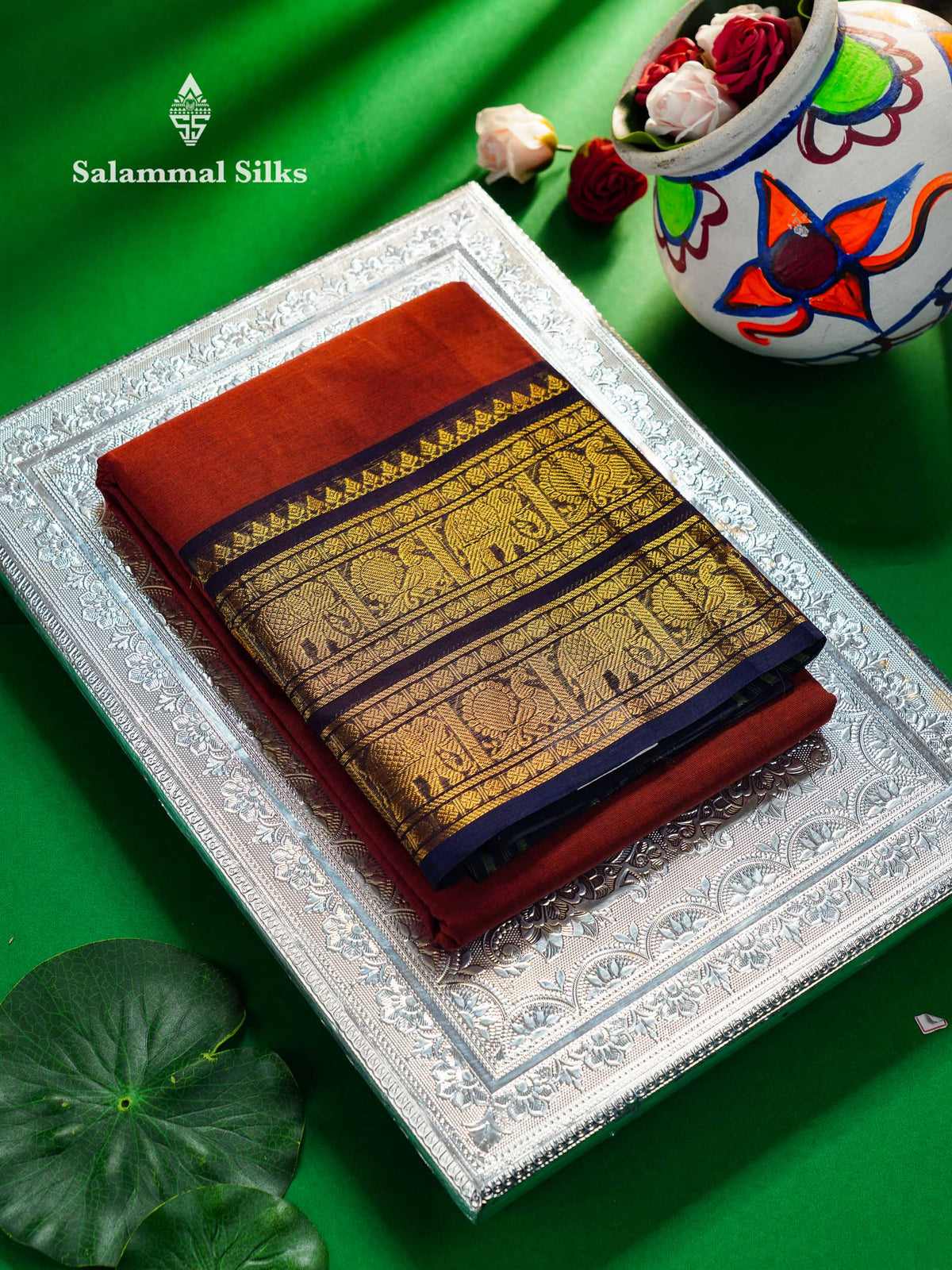 Beautiful Rust Orange Plain Pure Chettinad Cotton Saree With Contrast Dark Brown Traditional Evening Morning Border