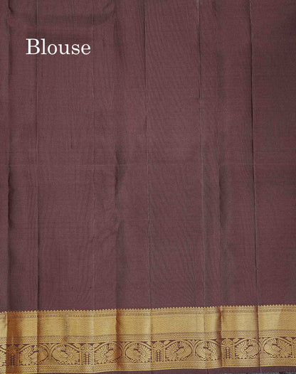 Pure Kanjivaram Silk Saree - Olive Green Colour Body With Butta & Contrast Brown Traditional Border