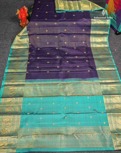 Pure Kanjivaram Silk Saree - Navy Blue Colour Body Vaira Oosi Lines With Butta & Contrast Sea Green Long Border 