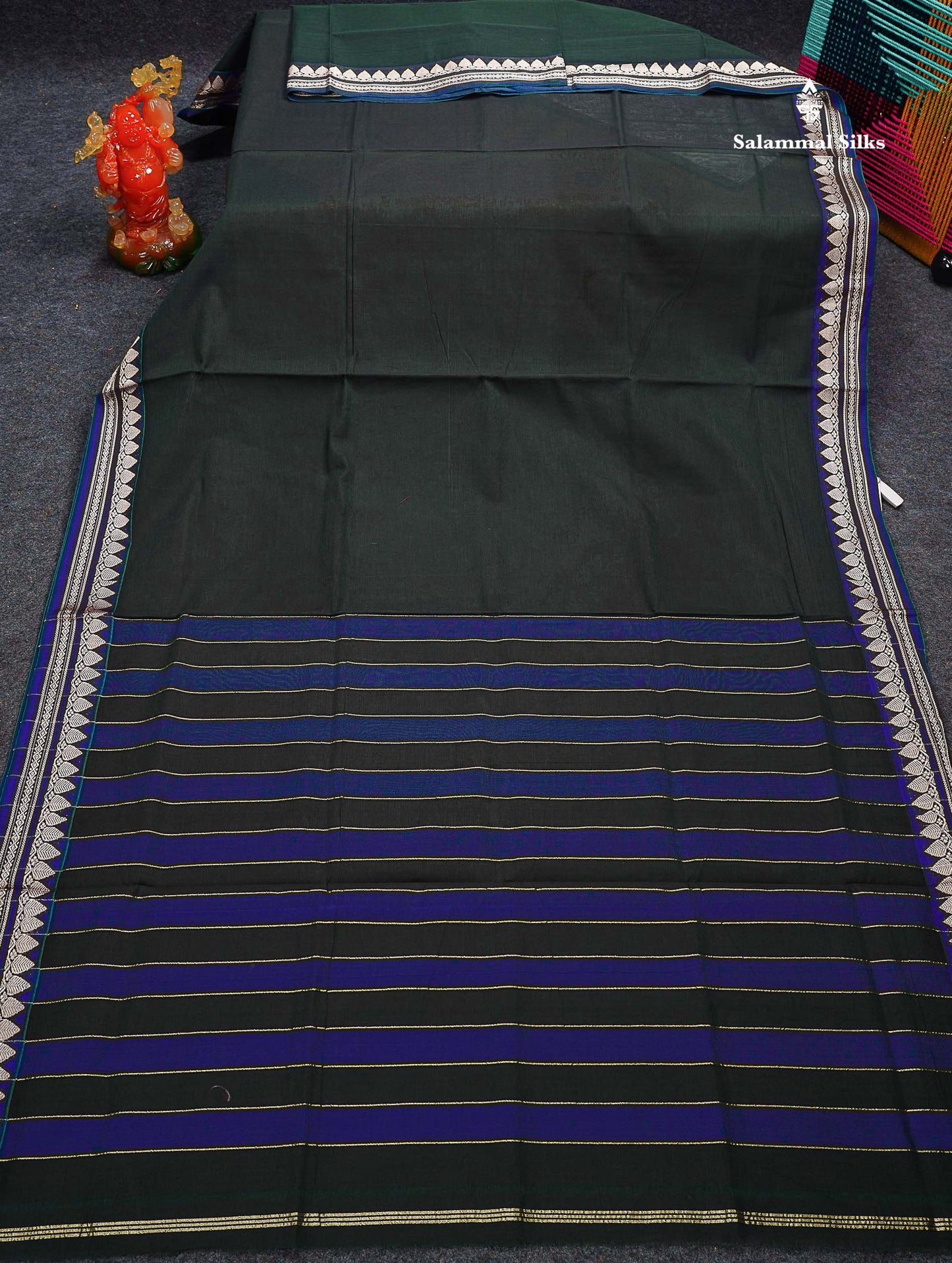 Beautiful Dark Bottle Green Plain Pure Cotton Saree With Contrast Dual Tone Blue Thread Work Border