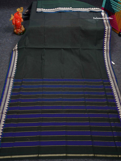 Beautiful Dark Bottle Green Plain Pure Cotton Saree With Contrast Dual Tone Blue Thread Work Border