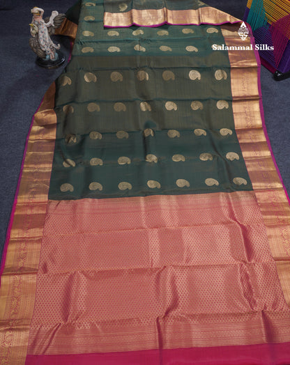 Bottle Green Vaira Oosi With Butta Puremix Silk Saree With Contrast Magenta Traditional Border
