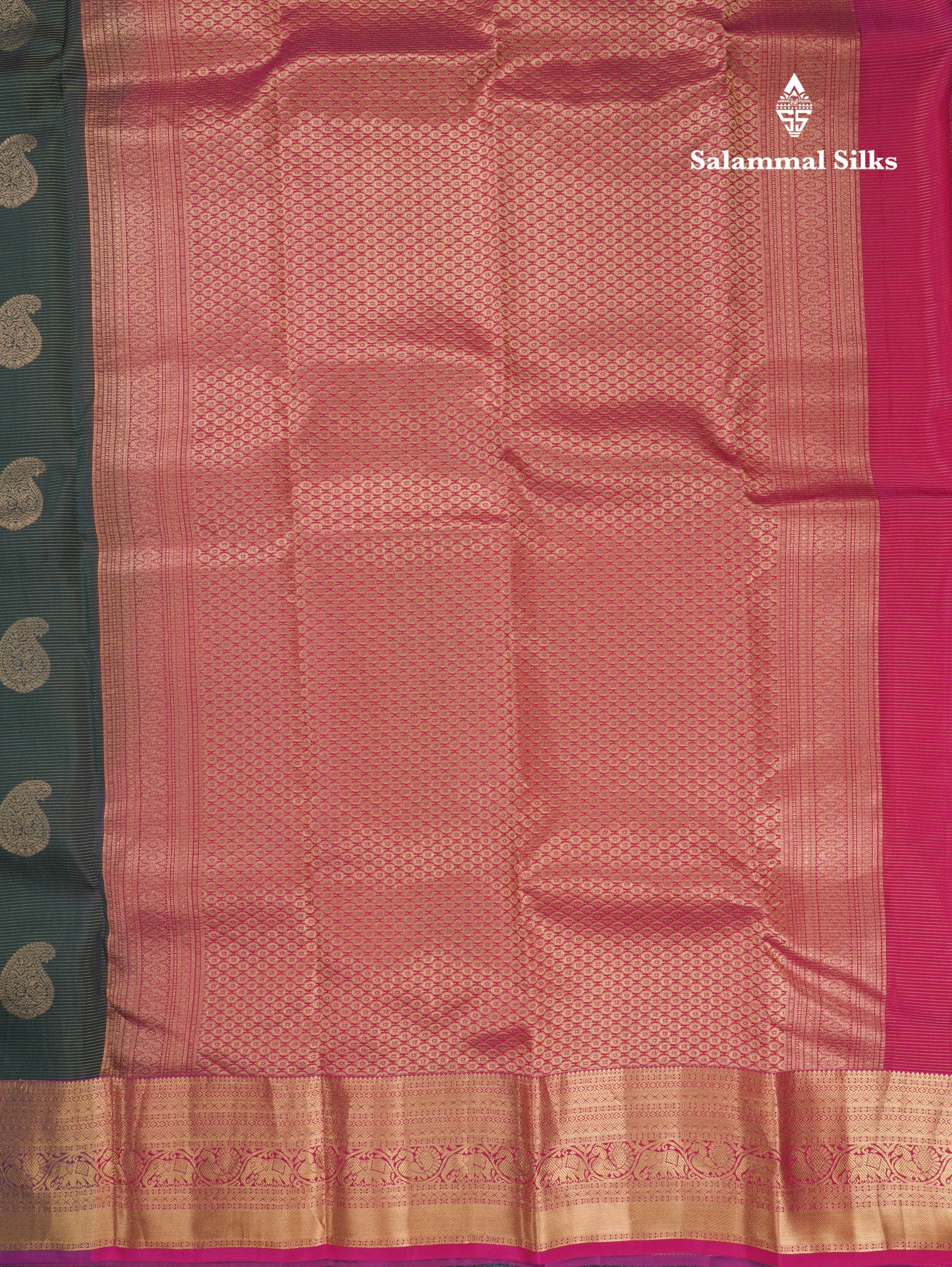 Bottle Green Vaira Oosi With Butta Puremix Silk Saree With Contrast Magenta Traditional Border